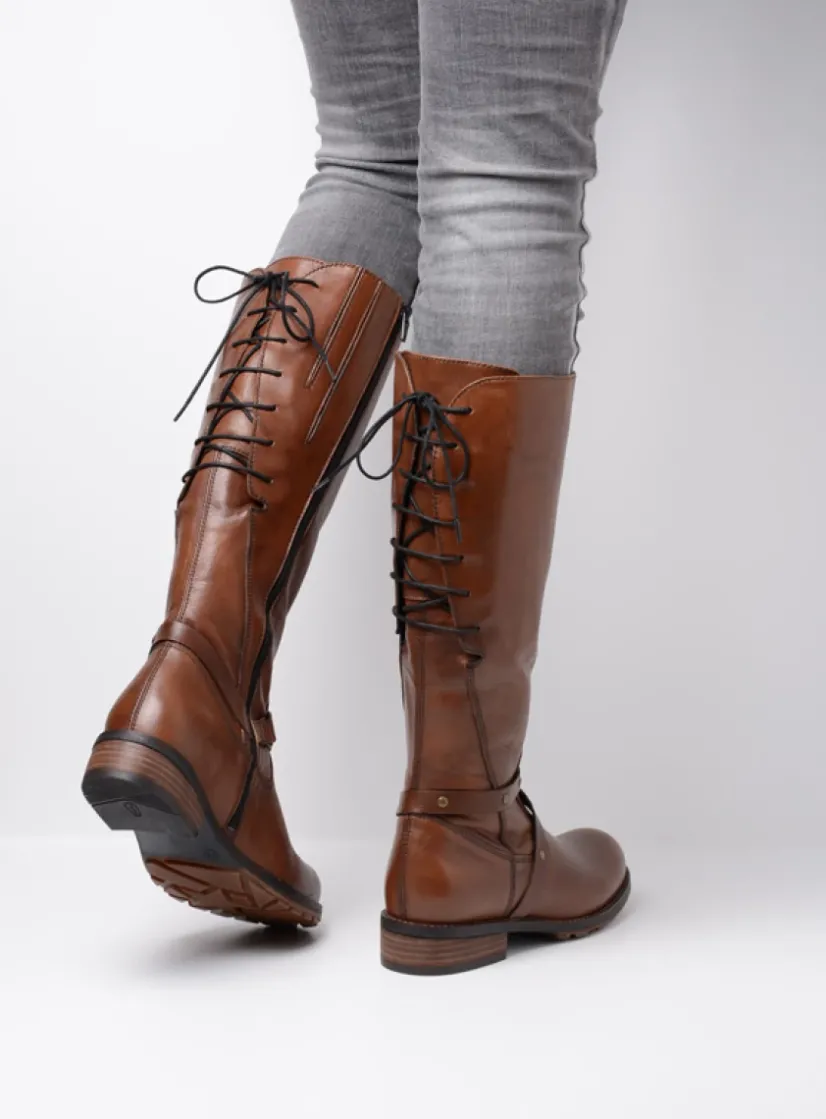 Wolky Belmore - cognac leer<DAMES Veterlaarzen|Lange Laarzen