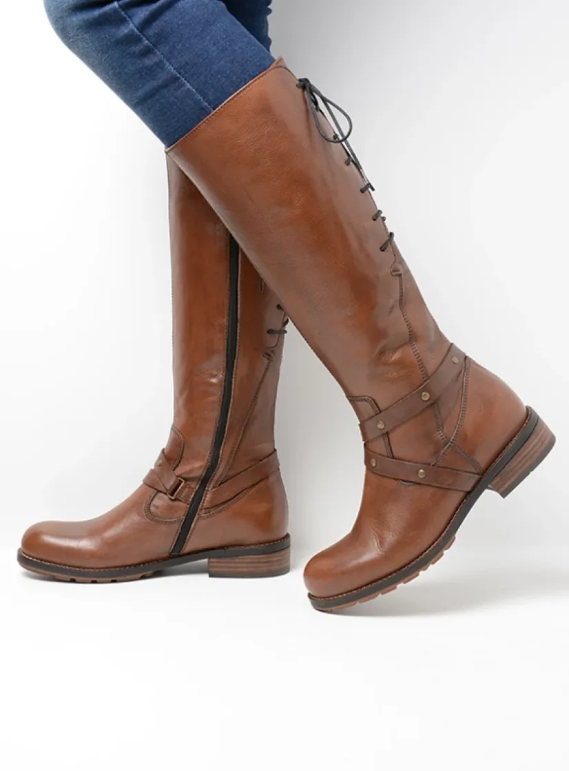 Wolky Belmore - cognac leer<DAMES Veterlaarzen|Lange Laarzen