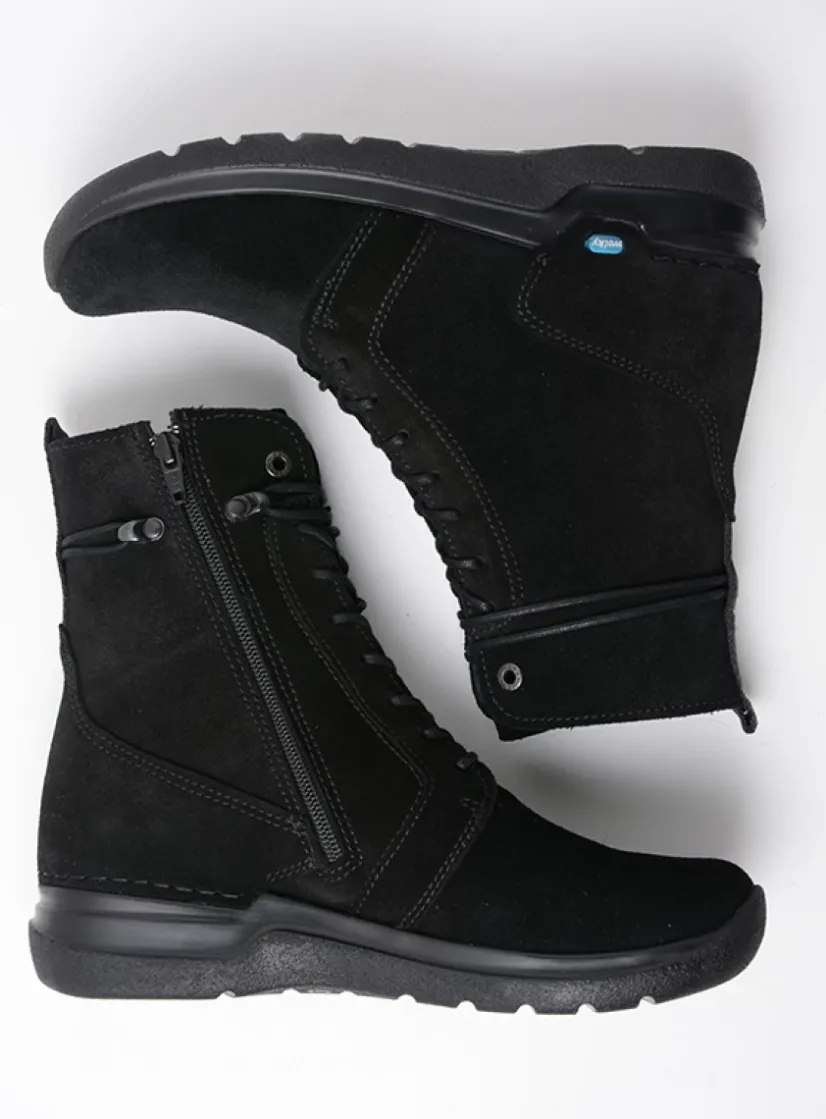 Wolky Bluff - zwart suede<DAMES Hoge Veterschoenen|Veterlaarzen