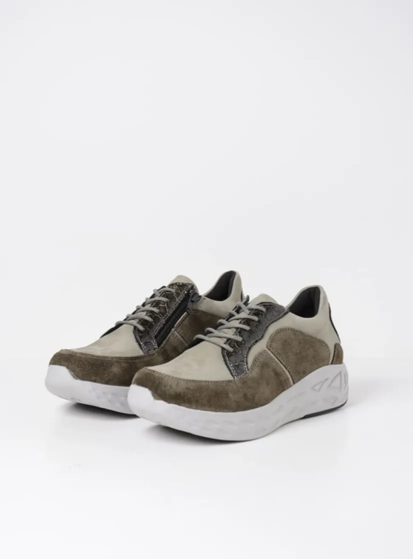 Wolky Bounce - grijsgroen combi leer<DAMES Lage Veterschoenen|Wandelschoenen