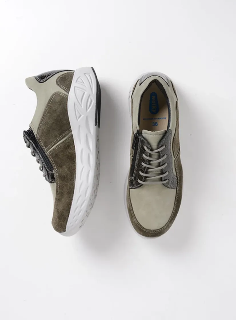 Wolky Bounce - grijsgroen combi leer<DAMES Lage Veterschoenen|Wandelschoenen