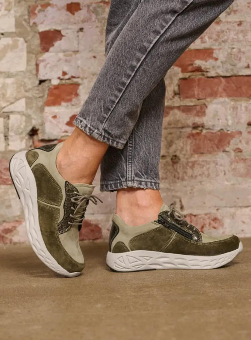 Wolky Bounce - grijsgroen combi leer<DAMES Lage Veterschoenen|Wandelschoenen