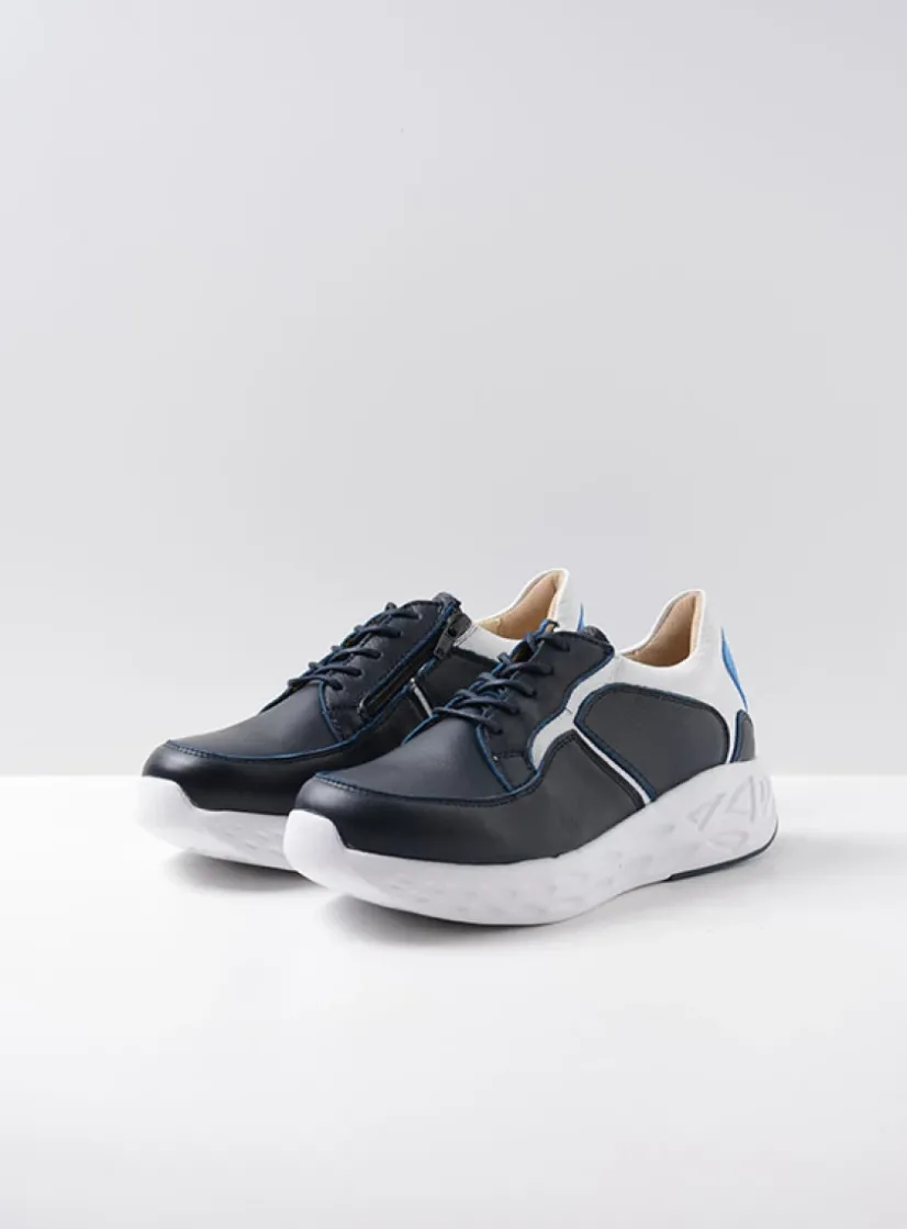 Wolky Bounce - wit/blauw combi leer<DAMES Lage Veterschoenen|Wandelschoenen
