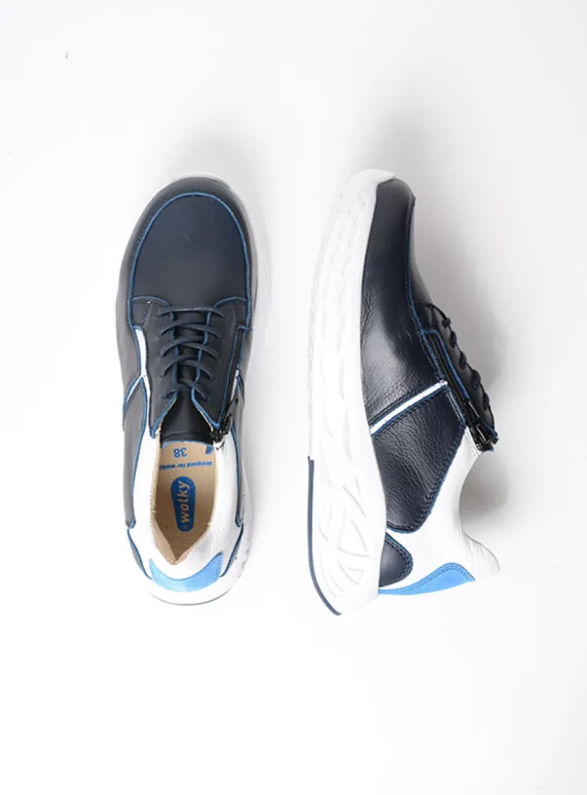 Wolky Bounce - wit/blauw combi leer<DAMES Lage Veterschoenen|Wandelschoenen