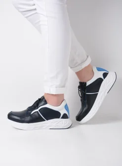 Wolky Bounce - wit/blauw combi leer<DAMES Lage Veterschoenen|Wandelschoenen