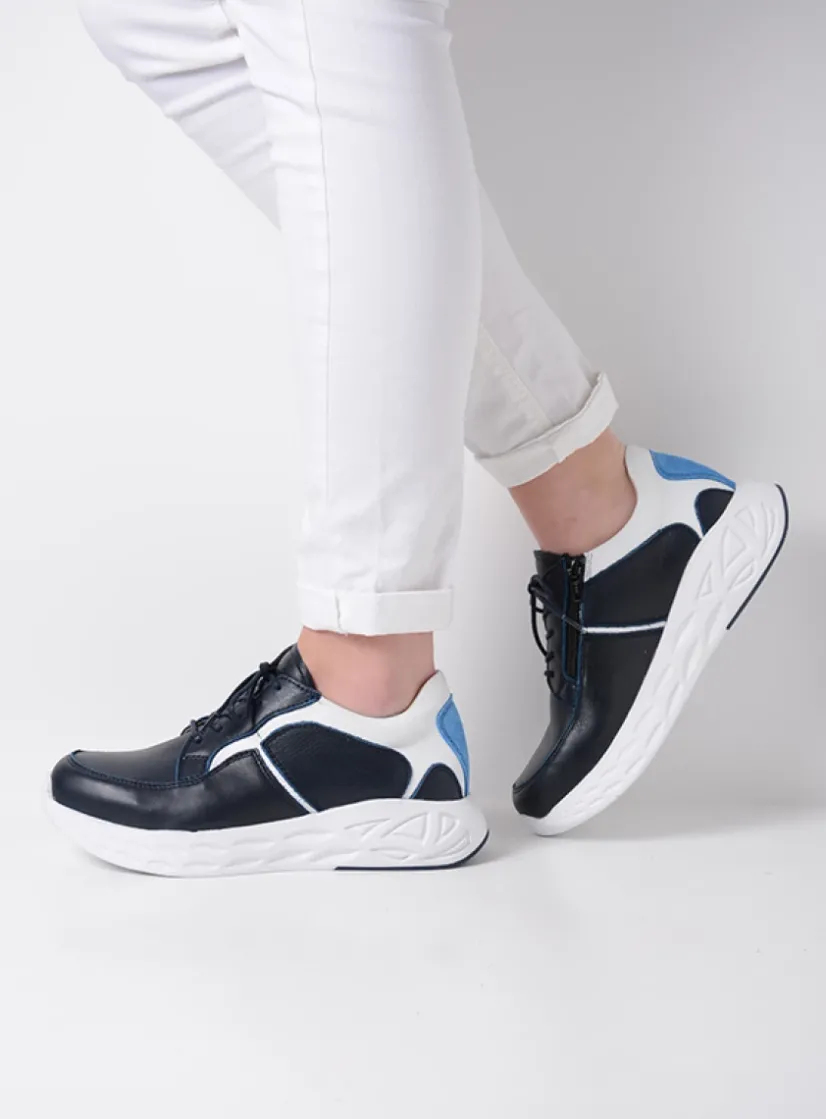 Wolky Bounce - wit/blauw combi leer<DAMES Lage Veterschoenen|Wandelschoenen