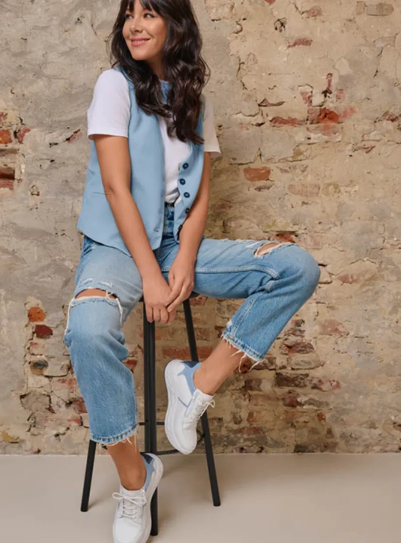 Wolky Bounce - wit/blauw leer<DAMES Lage Veterschoenen|Wandelschoenen