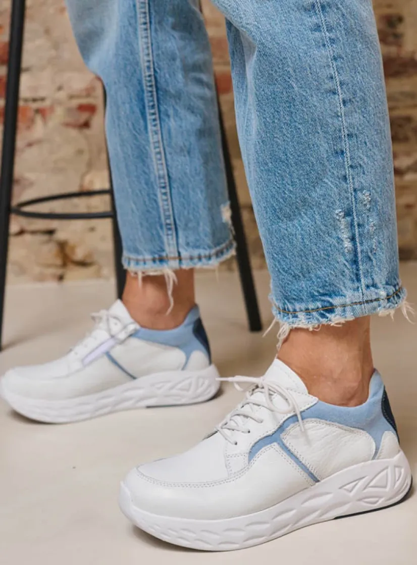 Wolky Bounce - wit/blauw leer<DAMES Lage Veterschoenen|Wandelschoenen
