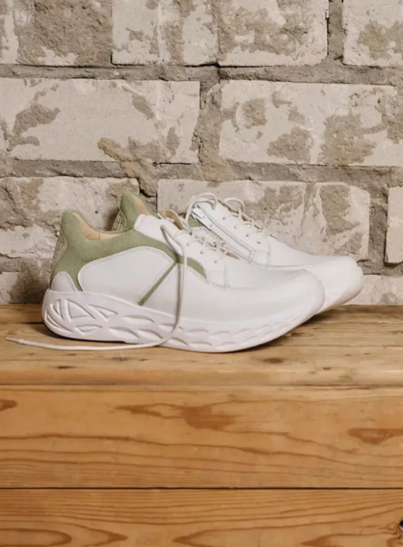 Wolky Bounce - wit/lichtgroen leer<DAMES Lage Veterschoenen|Wandelschoenen