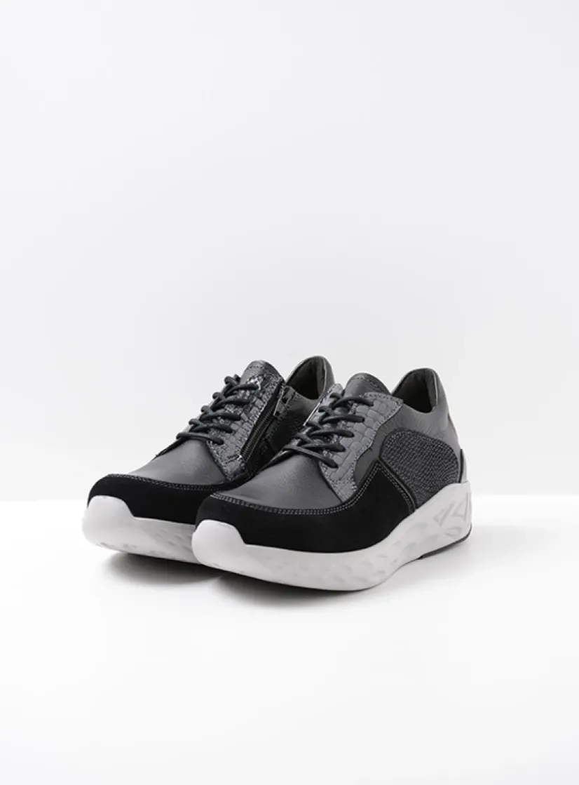 Wolky Bounce - zwart combi leer<DAMES Lage Veterschoenen|Wandelschoenen