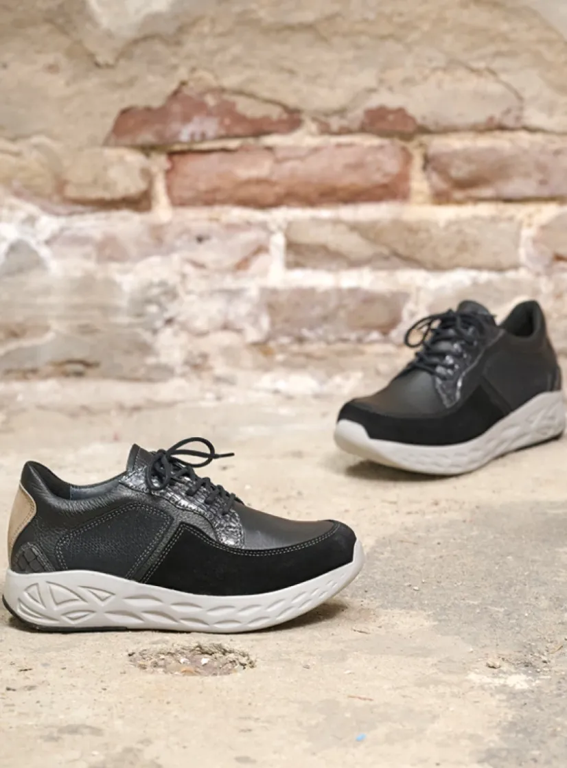 Wolky Bounce - zwart combi leer<DAMES Lage Veterschoenen|Wandelschoenen