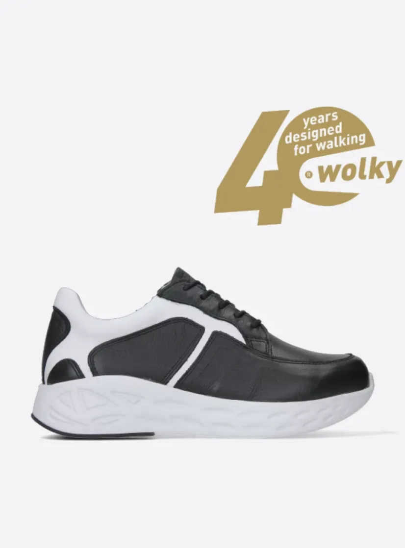 Wolky Bounce - zwart/wit leer<DAMES Lage Veterschoenen|Wandelschoenen