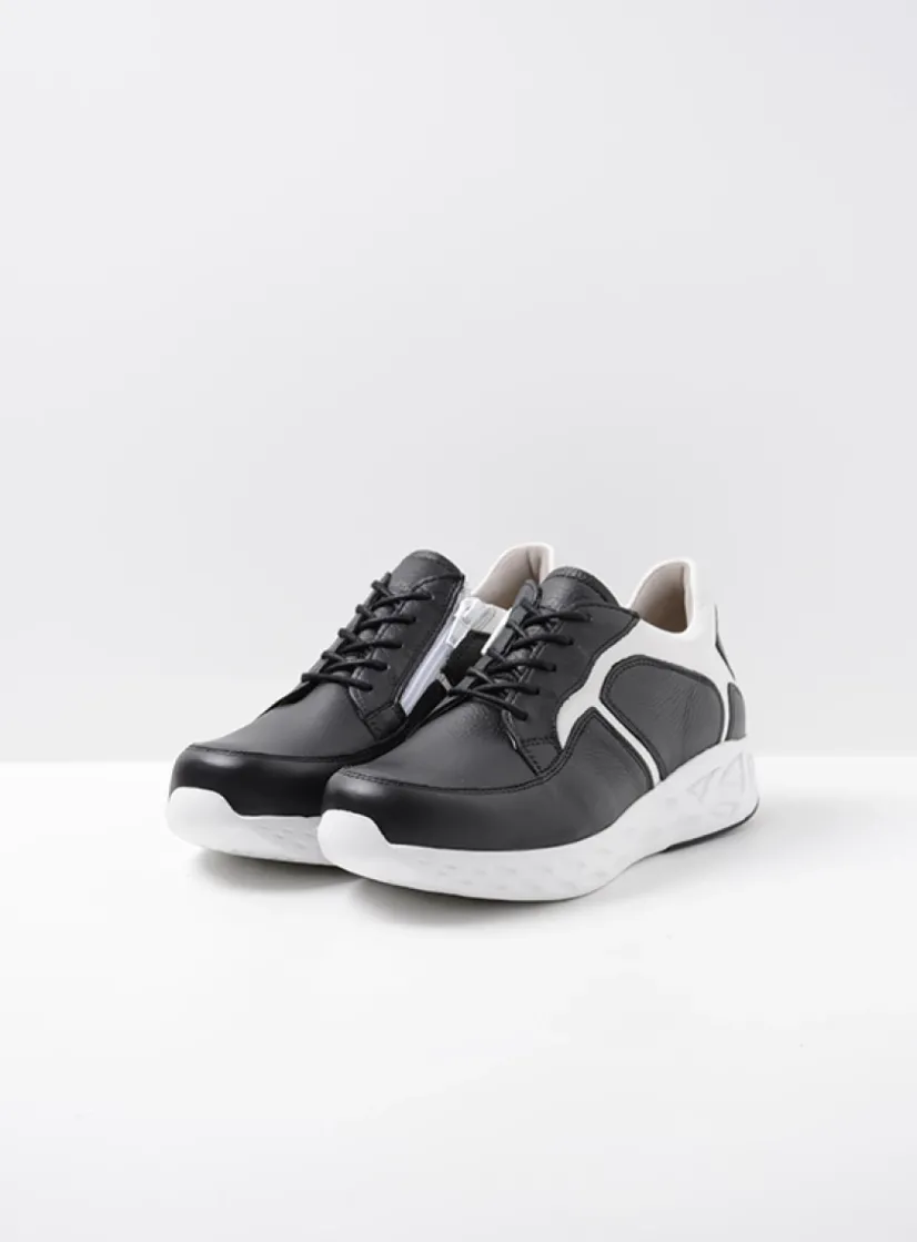 Wolky Bounce - zwart/wit leer<DAMES Lage Veterschoenen|Wandelschoenen
