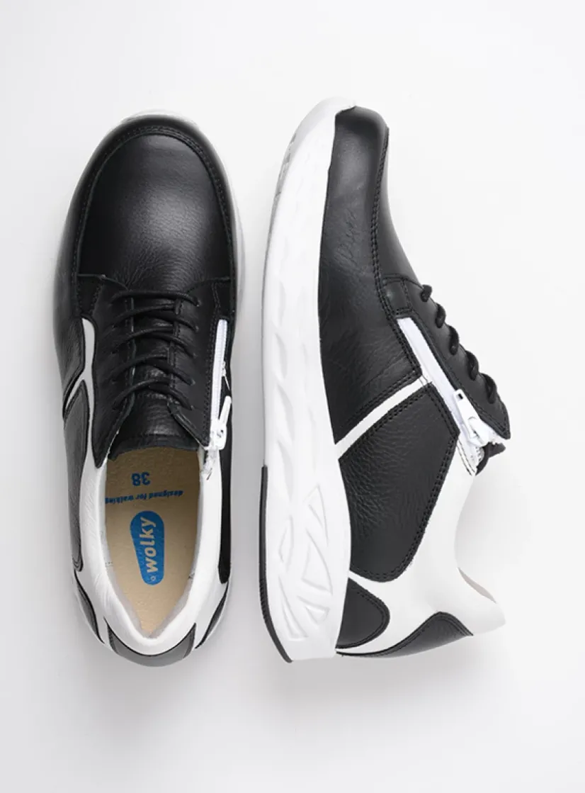 Wolky Bounce - zwart/wit leer<DAMES Lage Veterschoenen|Wandelschoenen