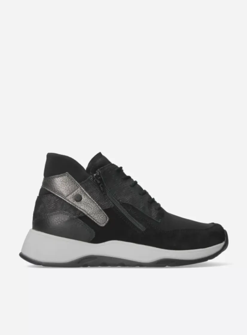Wolky Crown S2F - zwart stretchleer<DAMES Hoge Veterschoenen|Wandelschoenen
