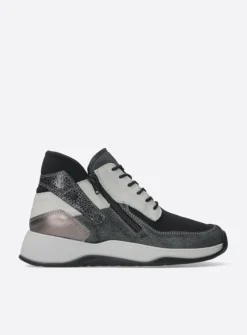 Wolky Crown S2F - zwart/gebroken wit stretchleer<DAMES Hoge Veterschoenen|Wandelschoenen