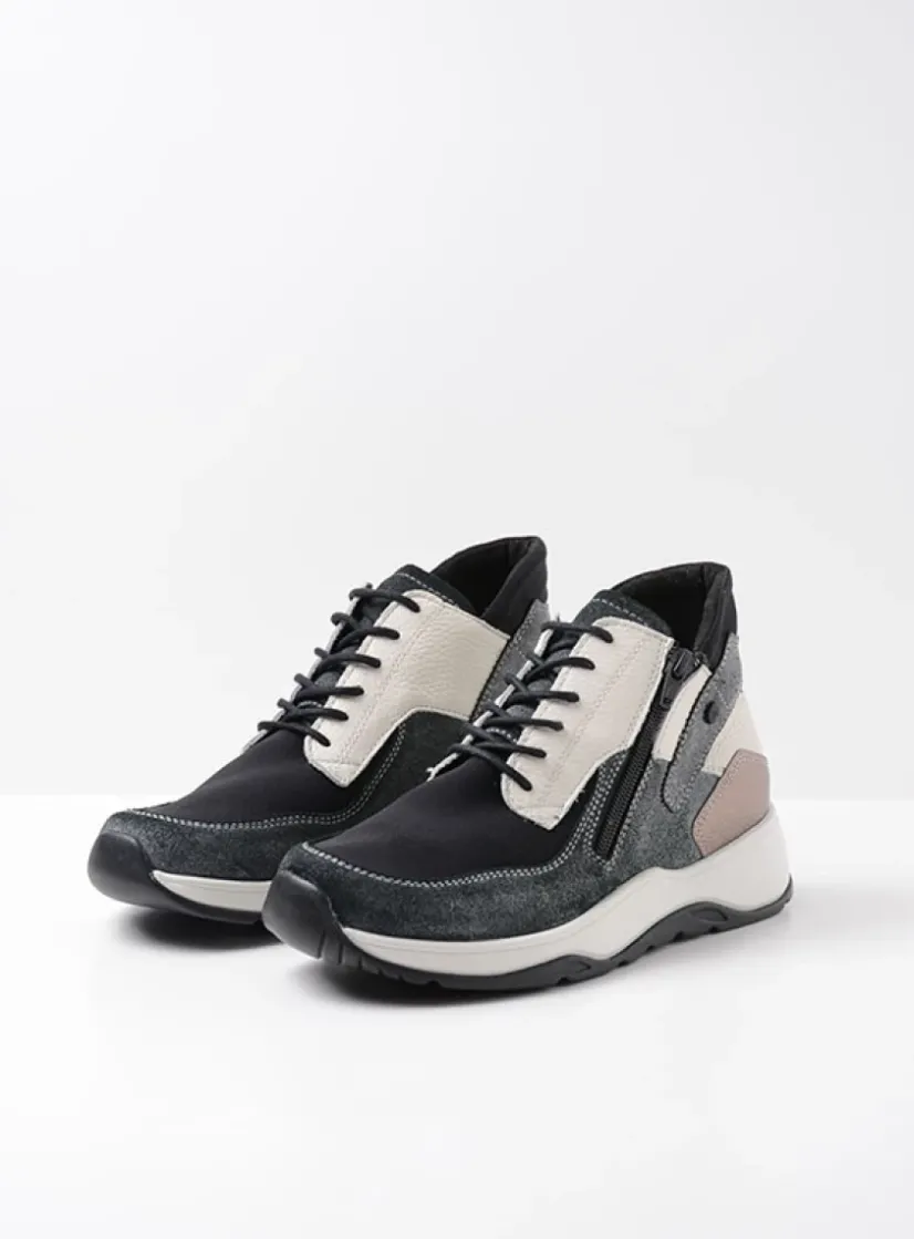 Wolky Crown S2F - zwart/gebroken wit stretchleer<DAMES Hoge Veterschoenen|Wandelschoenen