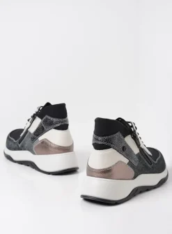 Wolky Crown S2F - zwart/gebroken wit stretchleer<DAMES Hoge Veterschoenen|Wandelschoenen