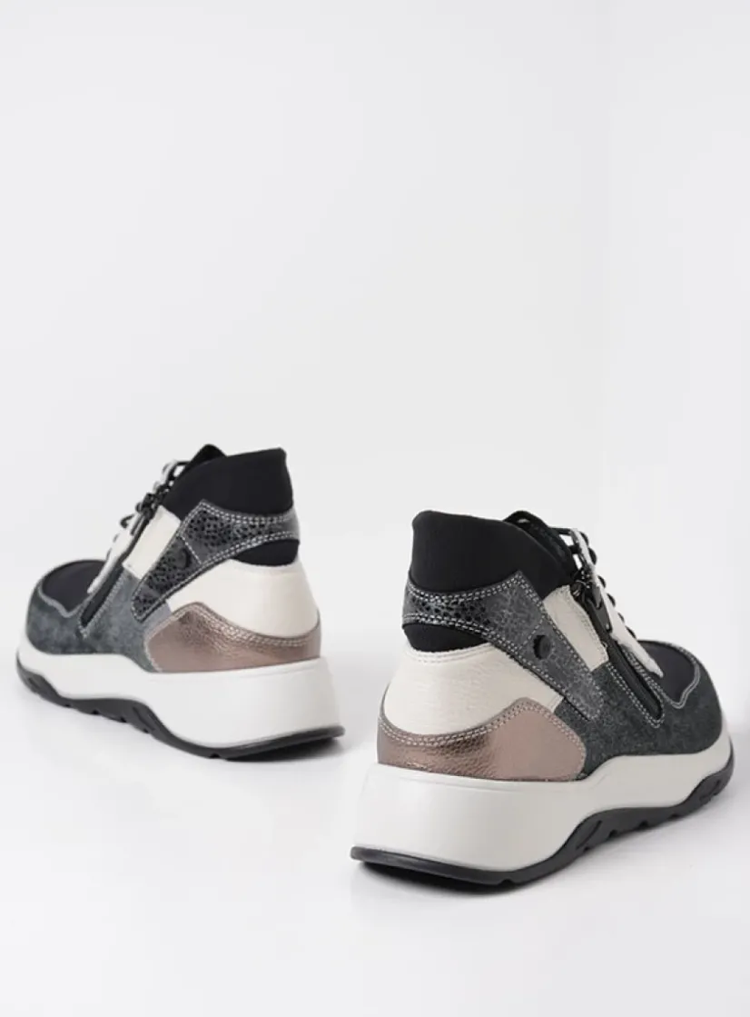 Wolky Crown S2F - zwart/gebroken wit stretchleer<DAMES Hoge Veterschoenen|Wandelschoenen