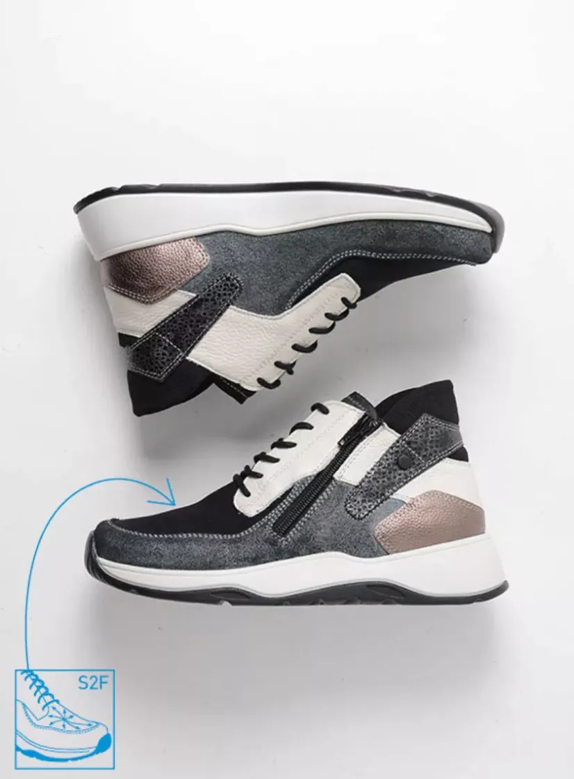 Wolky Crown S2F - zwart/gebroken wit stretchleer<DAMES Hoge Veterschoenen|Wandelschoenen