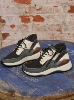 Wolky Crown S2F - zwart/gebroken wit stretchleer<DAMES Hoge Veterschoenen|Wandelschoenen