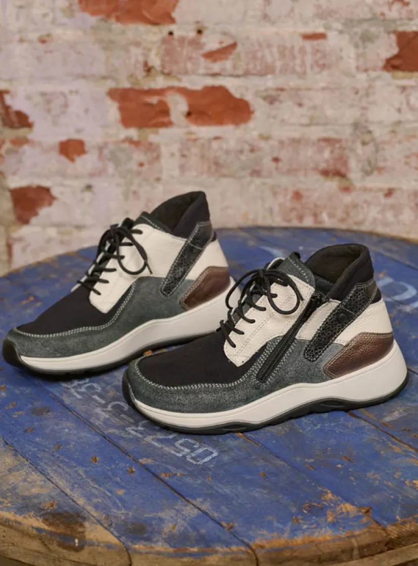 Wolky Crown S2F - zwart/gebroken wit stretchleer<DAMES Hoge Veterschoenen|Wandelschoenen