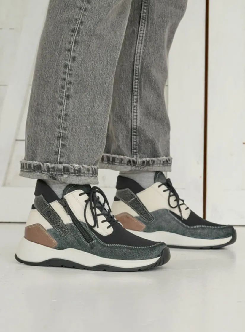 Wolky Crown S2F - zwart/gebroken wit stretchleer<DAMES Hoge Veterschoenen|Wandelschoenen