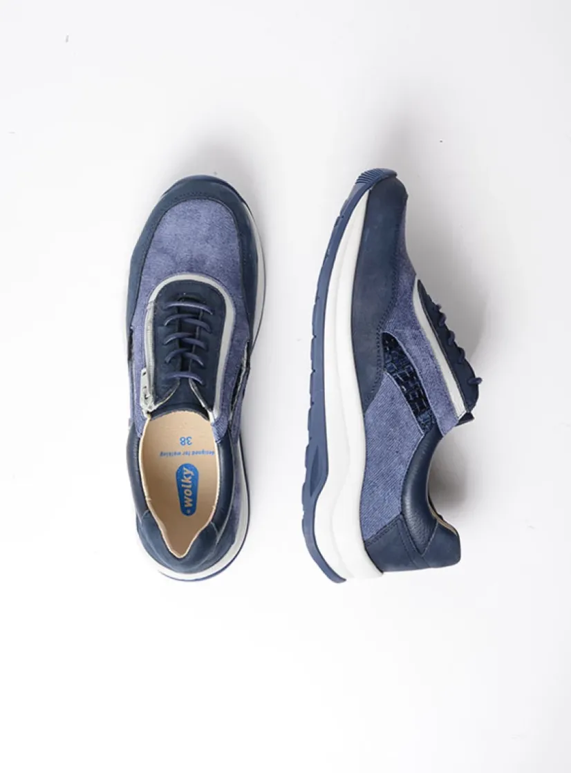 Wolky Cupar - denim combi leer<DAMES Lage Veterschoenen|Wandelschoenen
