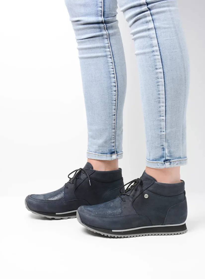 Wolky e-Boot - blauw stretch nubuck<DAMES Hoge Veterschoenen|Wandelschoenen