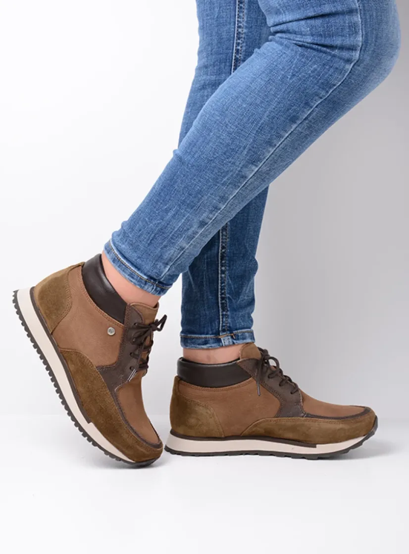 Wolky e-Boot - taupe combi leer<DAMES Hoge Veterschoenen|Wandelschoenen