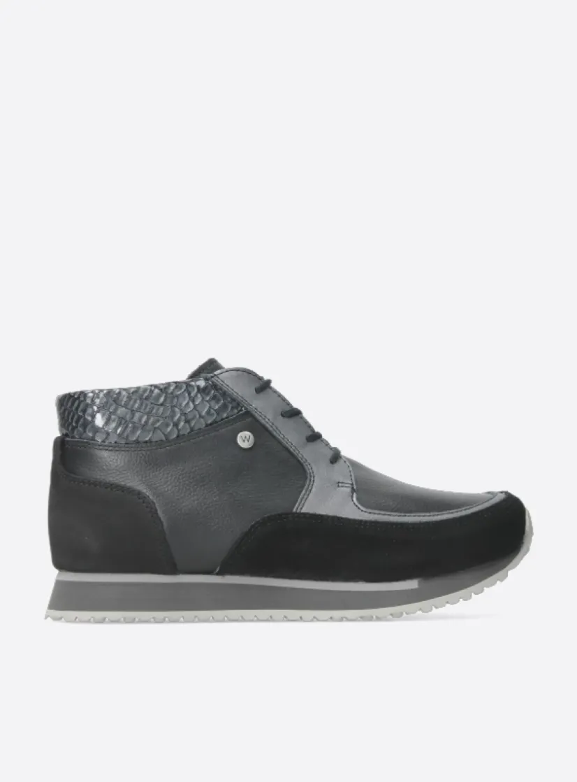 Wolky e-Boot - zwart combi leer<DAMES Hoge Veterschoenen|Wandelschoenen