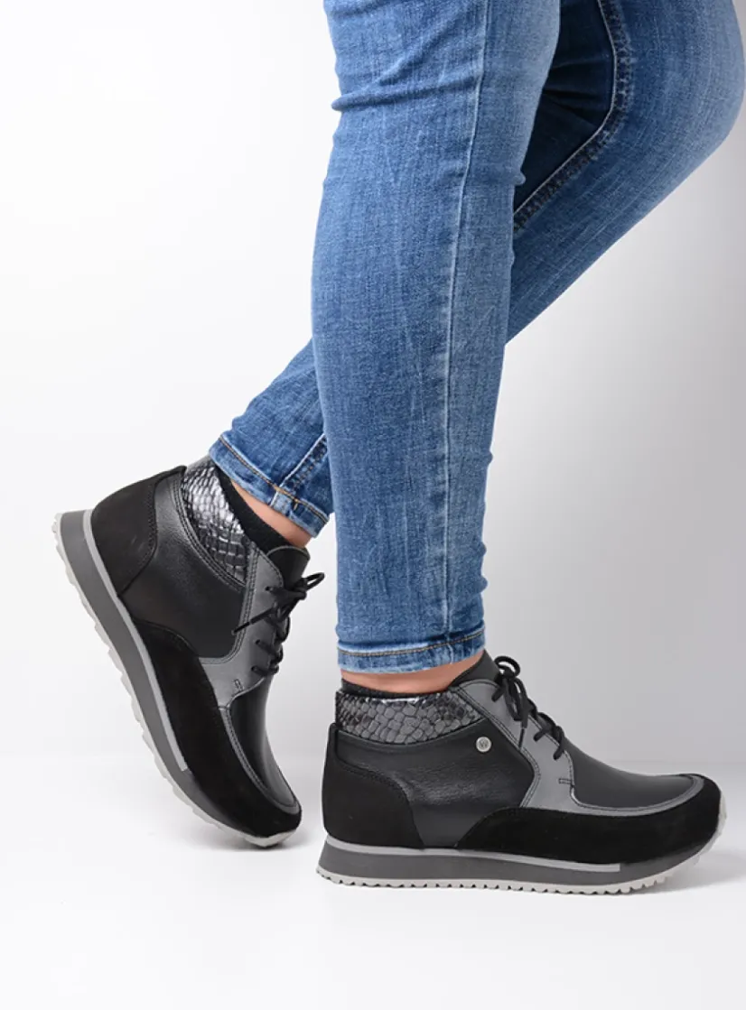 Wolky e-Boot - zwart combi leer<DAMES Hoge Veterschoenen|Wandelschoenen