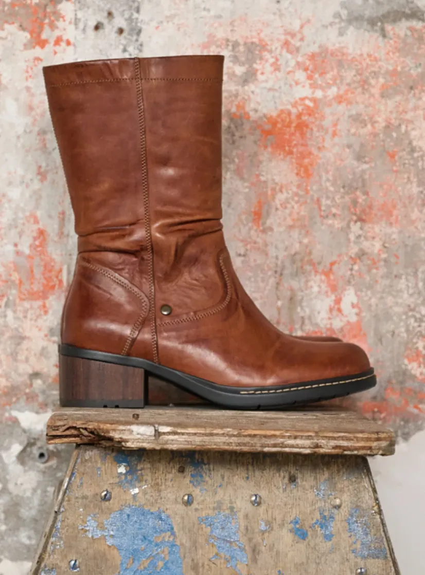 Wolky Edmonton - cognac leer<DAMES Halfhoge Laarzen|Herfst/Winter