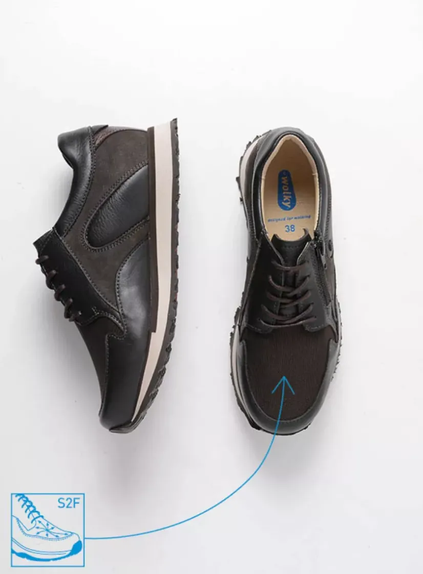 Wolky e-Go S2F - asfalt combi stretch leer<DAMES Lage Veterschoenen|Wandelschoenen