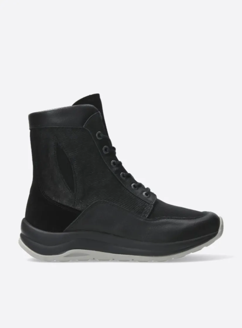 Wolky Ellon S2F - zwart combi stretchleer<DAMES Hoge Veterschoenen|Veterlaarzen