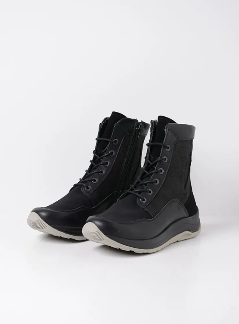 Wolky Ellon S2F - zwart combi stretchleer<DAMES Hoge Veterschoenen|Veterlaarzen