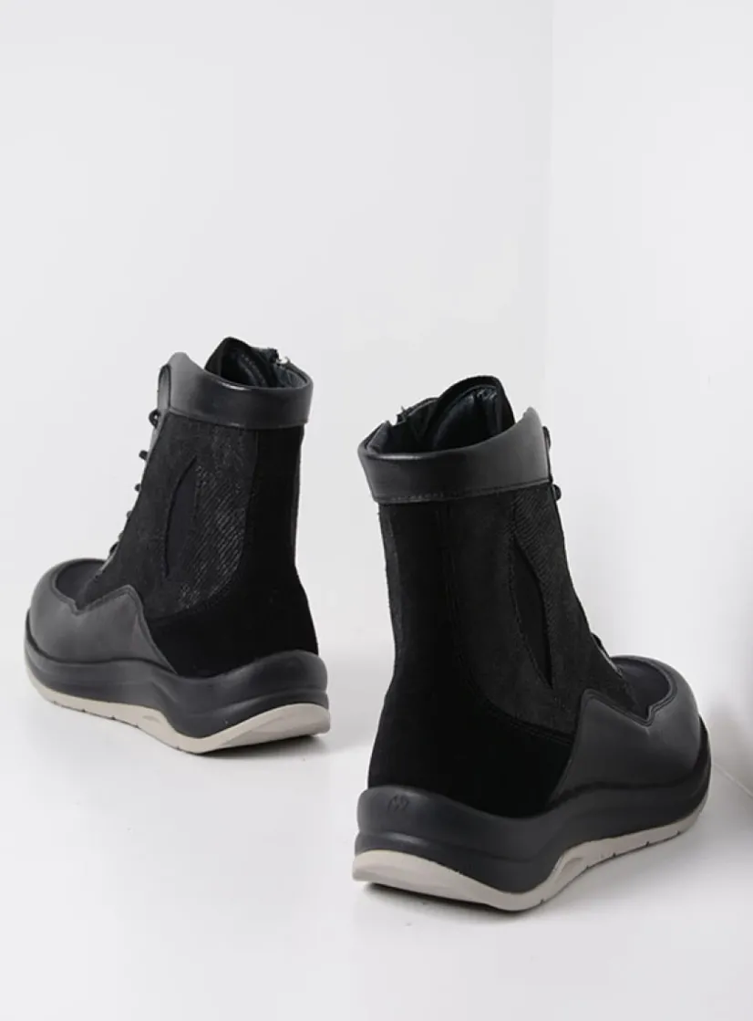 Wolky Ellon S2F - zwart combi stretchleer<DAMES Hoge Veterschoenen|Veterlaarzen
