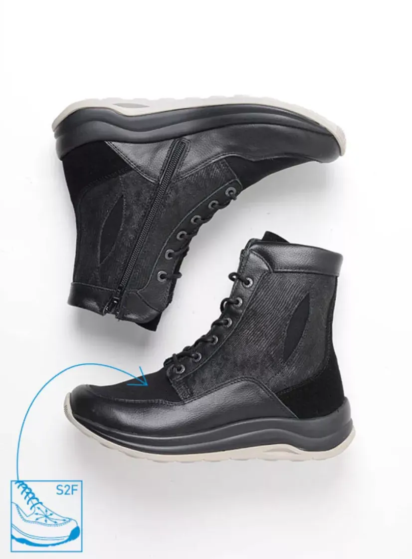 Wolky Ellon S2F - zwart combi stretchleer<DAMES Hoge Veterschoenen|Veterlaarzen