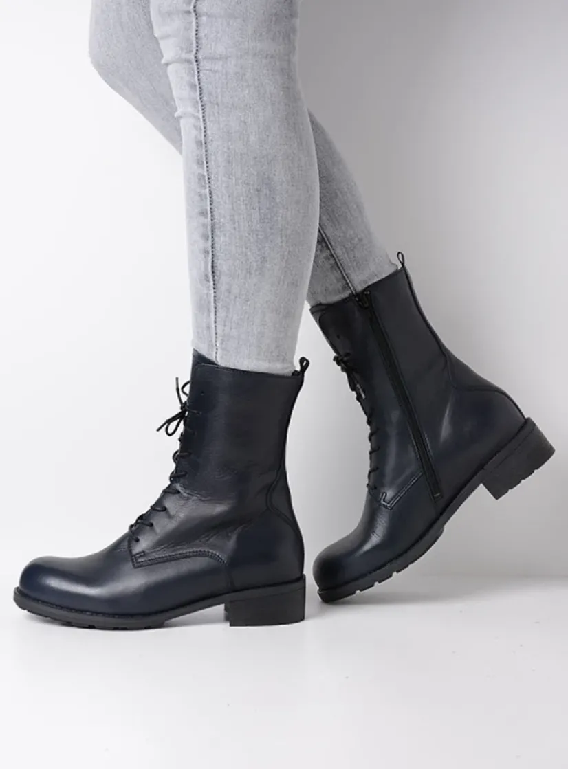Wolky Emery HV - blauw leer<DAMES Veterlaarzen|Halfhoge Laarzen