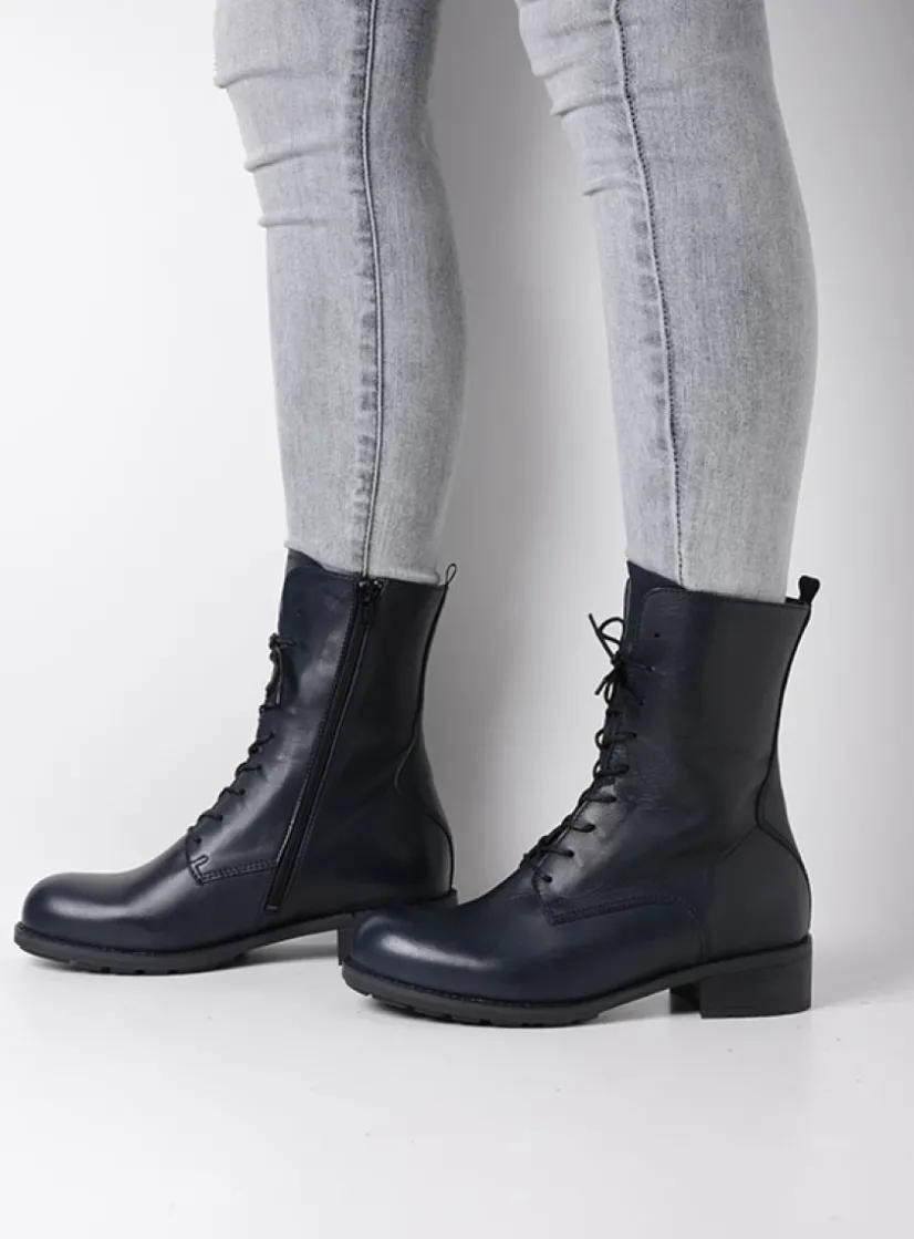 Wolky Emery HV - blauw leer<DAMES Veterlaarzen|Halfhoge Laarzen