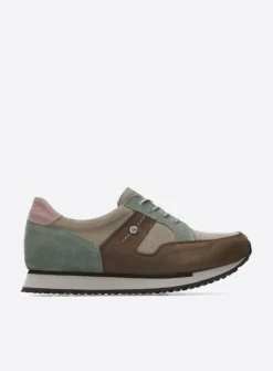 Wolky e-Walk - taupe grijsgroen combi leer<DAMES Lage Veterschoenen|Wandelschoenen