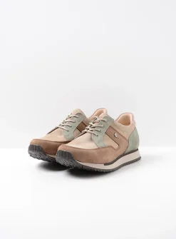 Wolky e-Walk - taupe grijsgroen combi leer<DAMES Lage Veterschoenen|Wandelschoenen