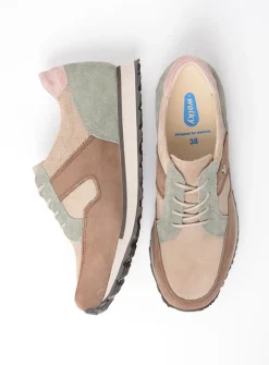 Wolky e-Walk - taupe grijsgroen combi leer<DAMES Lage Veterschoenen|Wandelschoenen