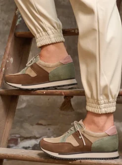 Wolky e-Walk - taupe grijsgroen combi leer<DAMES Lage Veterschoenen|Wandelschoenen