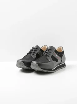 Wolky e-Walk - zwart combi stretch leer<DAMES Lage Veterschoenen|Wandelschoenen