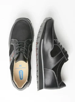 Wolky e-Walk - zwart combi stretch leer<DAMES Lage Veterschoenen|Wandelschoenen
