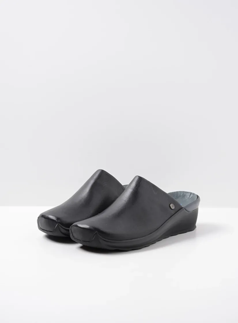 Wolky Go - zwart leer<DAMES Slippers|Klompen