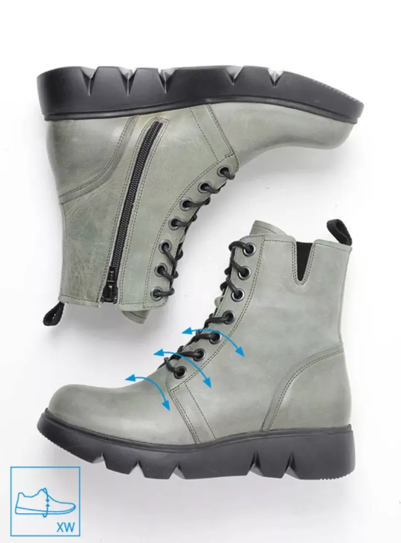 Wolky Hope XW - grijs groen leer<DAMES Hoge Veterschoenen|Veterlaarzen