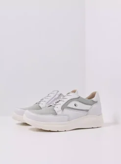 Wolky Impact S2F - wit/grijsgroen combi stretchleer<DAMES Lage Veterschoenen|Sneakers