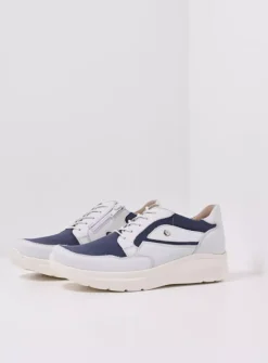 Wolky Impact S2F - wit/jeans combi stretch leer<DAMES Lage Veterschoenen|Sneakers